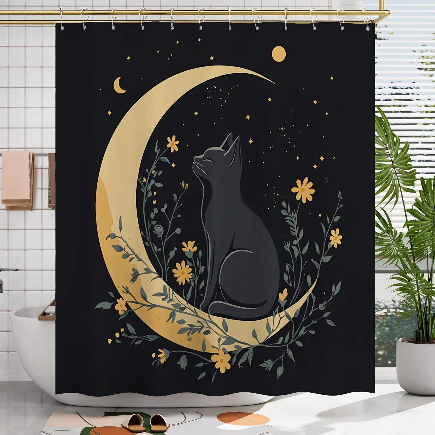 1pc Moon Cat Pattern Digital Print Shower Curtain, Bathroom Decoration Home Decor, Shower Curtain Sets, Shower Curtain Accessori