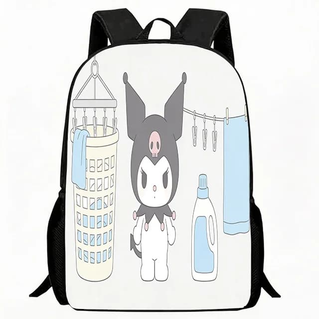 Zaino per bambini con stampa Kuromi, carino design a tema lavanderia con cesto per il bucato e design del detergente, borsa scolastica leggera