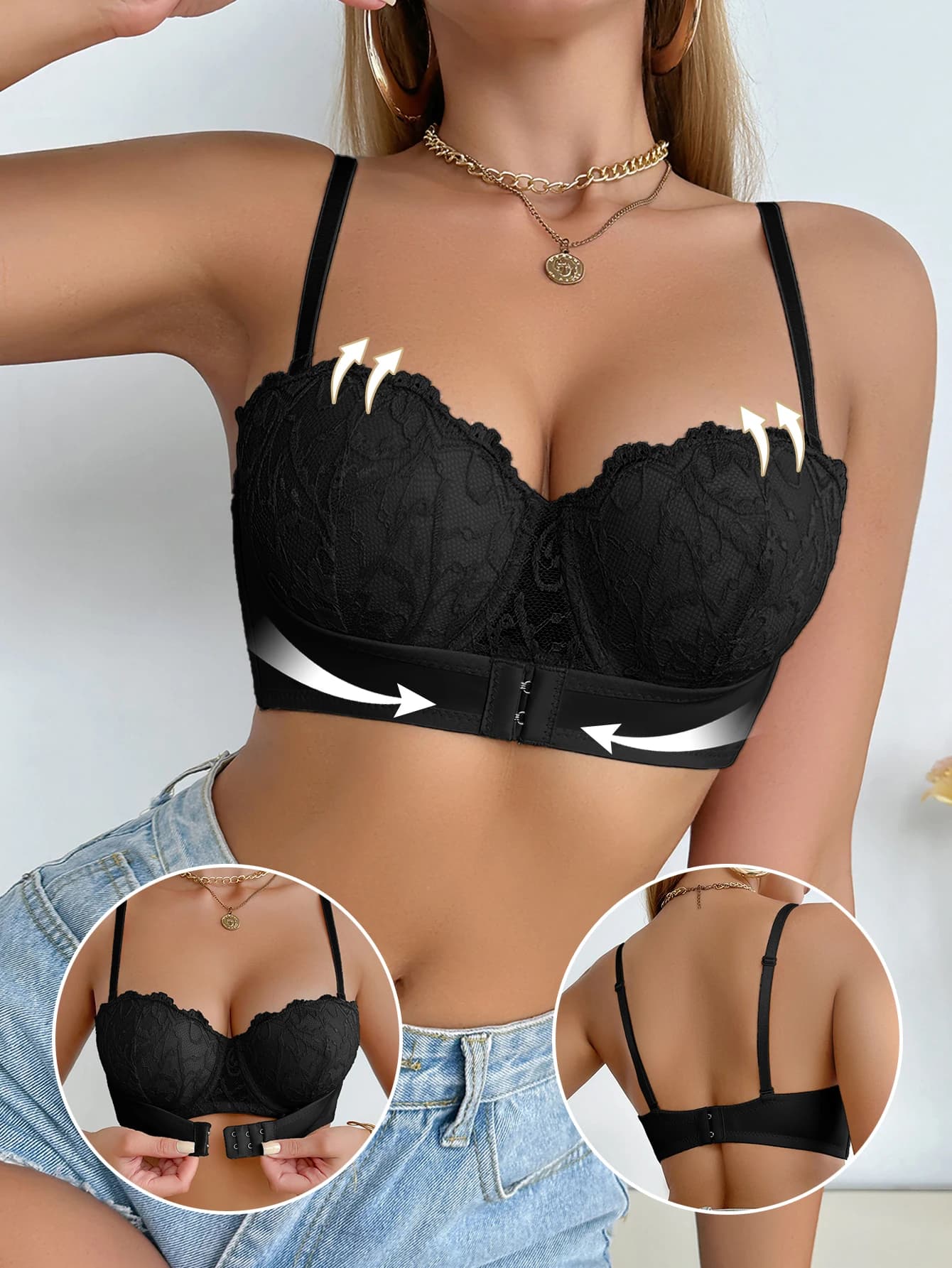Sexy Lace Half cup Bra for Women Push Up Lingerie Front Side Gathering Underwire Support Comfortable Solid Bra