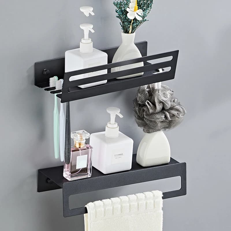 Portasciugamani da parete nero con portaspazzolino, scaffale da bagno, accappatoio, appendiabiti, accessori da cucina per WC