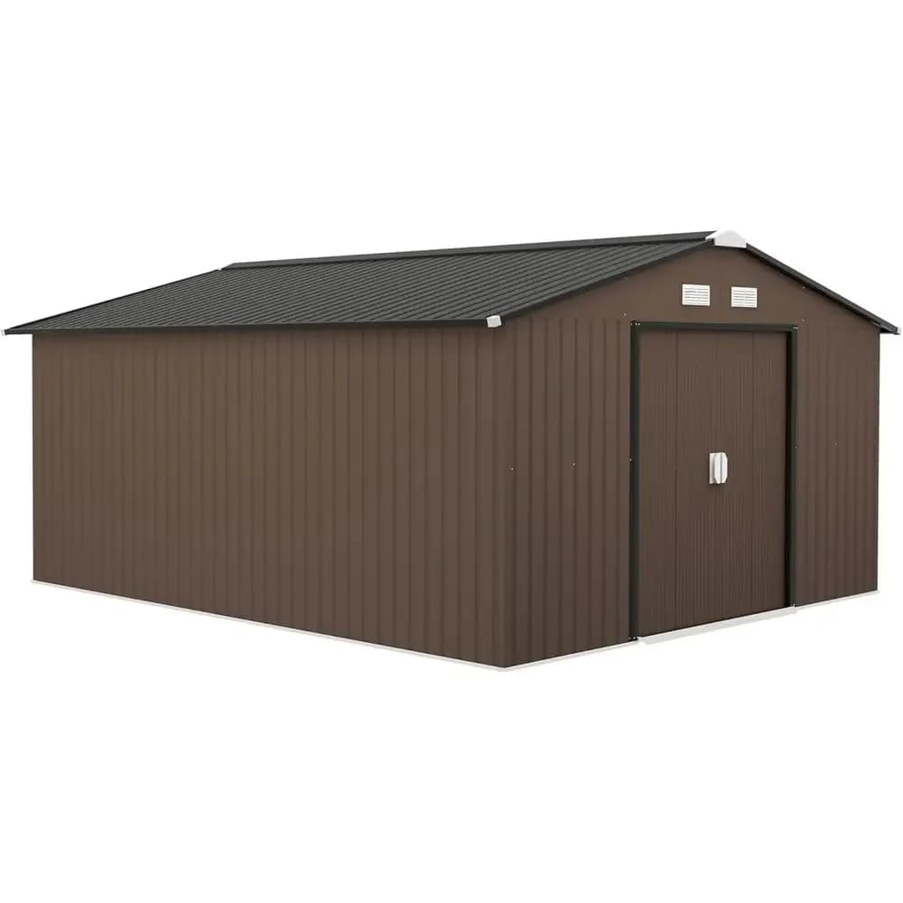 Brown 11x13 Outdoor Storage Shed with Foundation Kit, Double Door, Air Vents, and Sloping Roof for Garden Tools and Backyard Sto