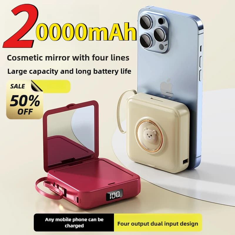 20000mAh Ccc Certification Beauty Mirror Cartoon with Cable Mini Portable Power Bank Suitable for IPhone Xiaomi Samsung