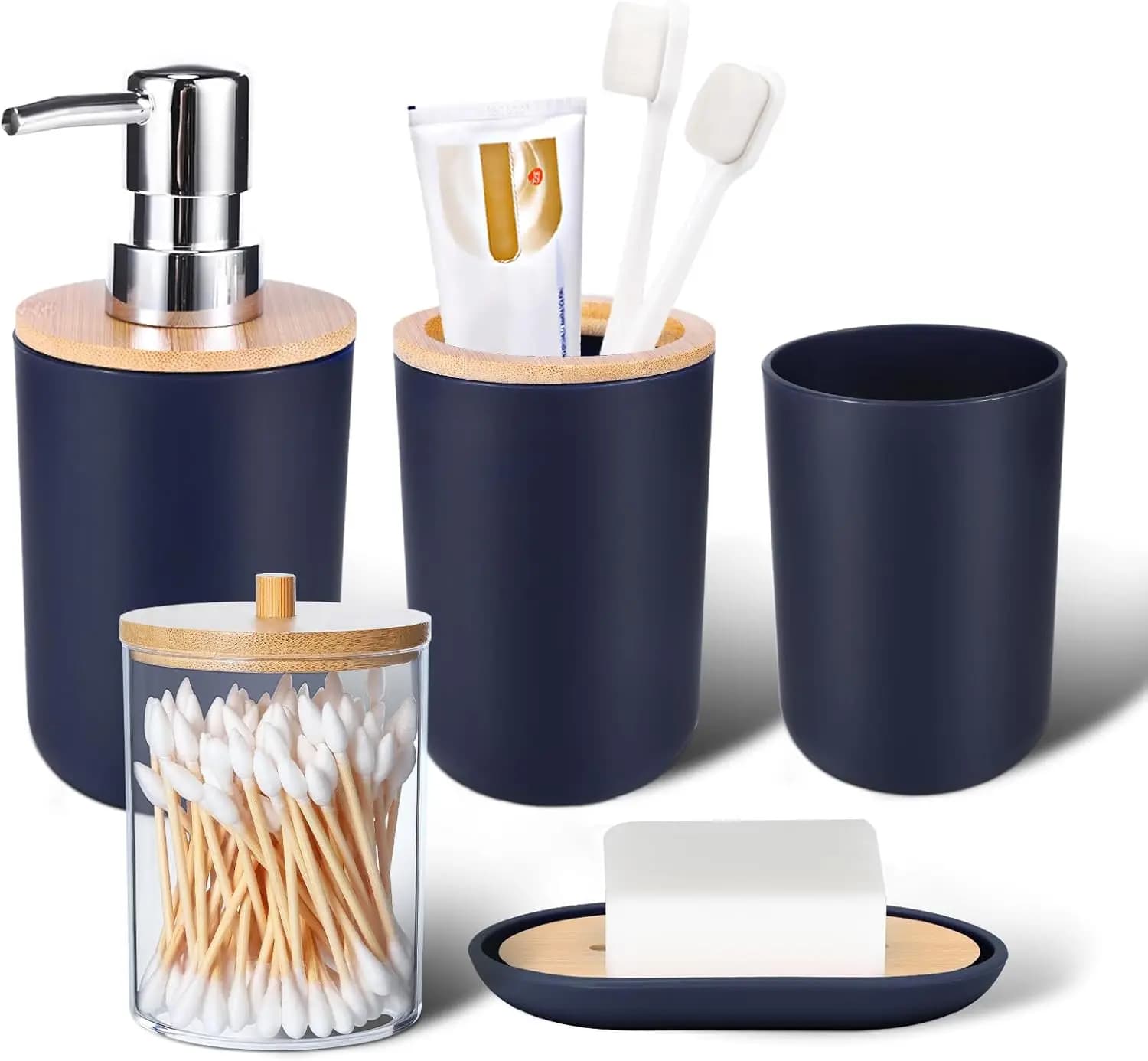 Set da Bagno Blu Navy 5 Pezzi con Portaspazzolino, Bicchiere, Dispenser Sapone, Portasapone e Porta Q-tip per un Arredo Elegante
