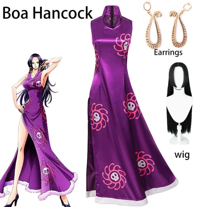 Boa Hancock Cosplay Costume Pirate Queen Purple Satin Cheongsam Dress with Snake Earrings Long Black Wig Women Party Cos Outfit