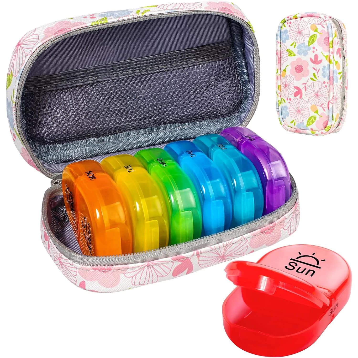 Portapillole settimanale da 7 giorni con custodia in PU con cerniera - Design arcobaleno vibrante, contenitore portatile per medicinali per vitamine, olio di pesce
