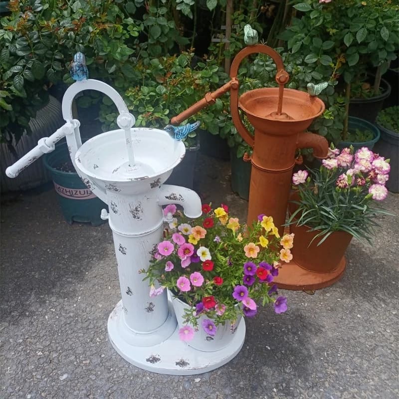 Antique Blue Water Hand Pump Flower Pot Metal Barrel Planter Bird Feeder Bath Faucet Roof Garden Balcony Courtyard Decoration