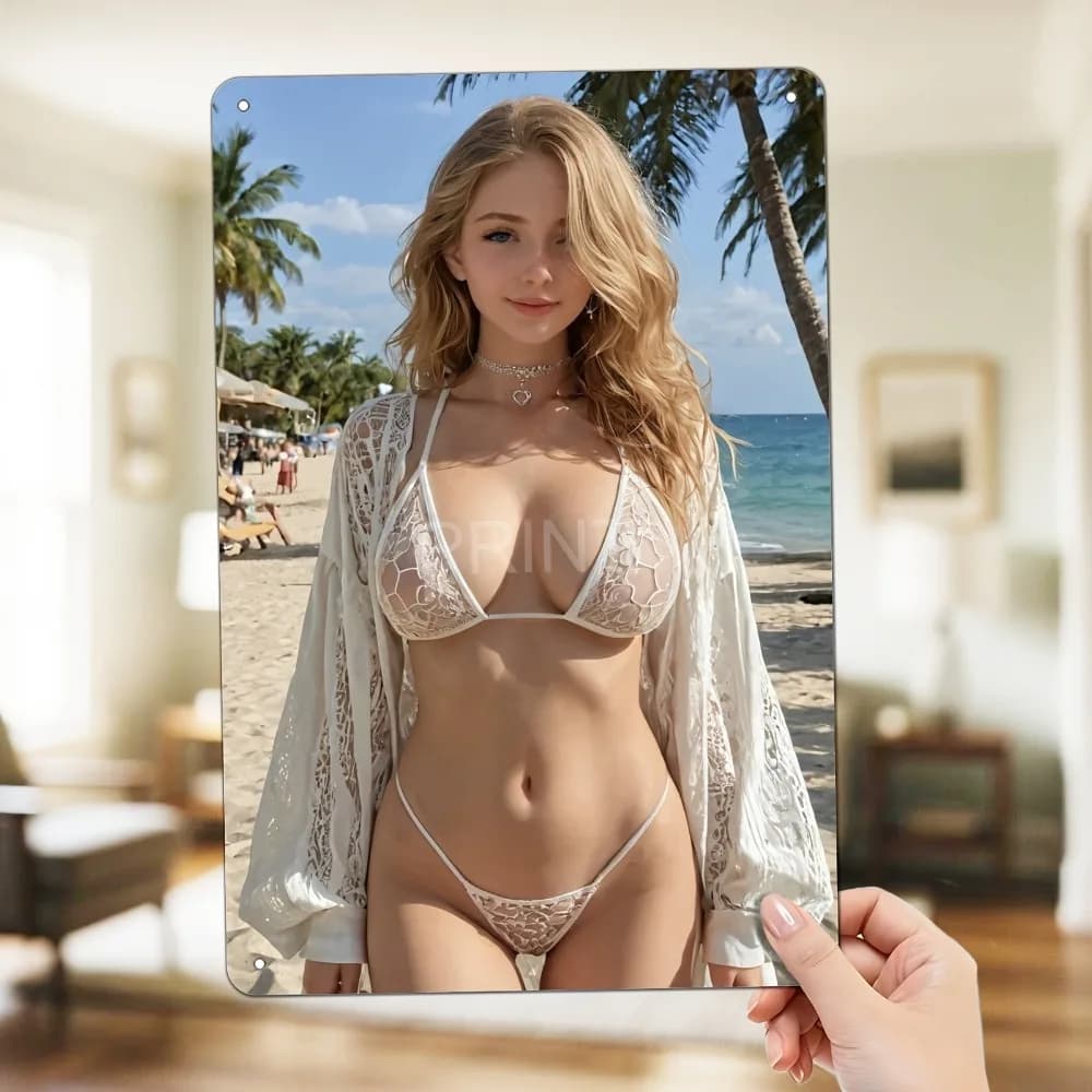 Insegna in metallo 2D piatta con foto artistica di modello sexy bionda in bikini e curvy, decorazione da parete per cucina, camera da letto, bar, ufficio, regalo senza cornice