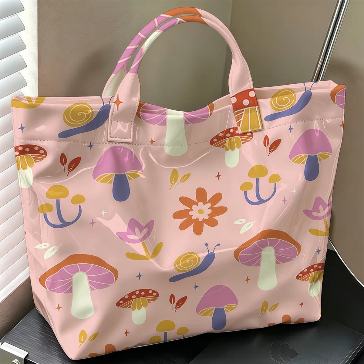 Mushroom Snail Stylish Large Glossy PVC Tote Bag Washable Waterproof Durable Ideal for Travel Commute Cosmetics Books Handbags