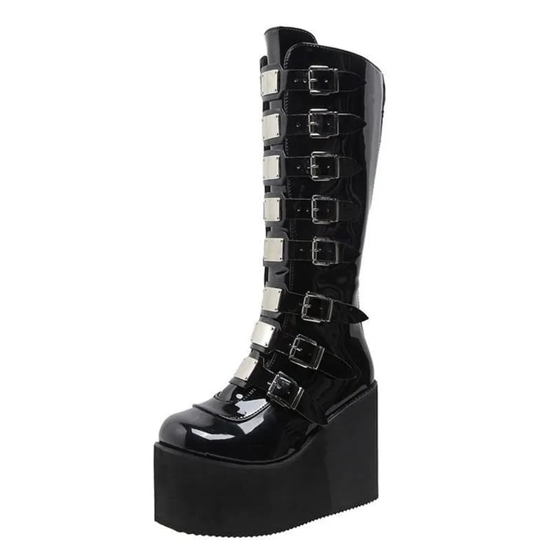 Women's Cosplay Boots Multi-row Belt Buckle Long Tube Leather Knight Boot Punk Gothic Classic Black High Heel Shoes Knee-High