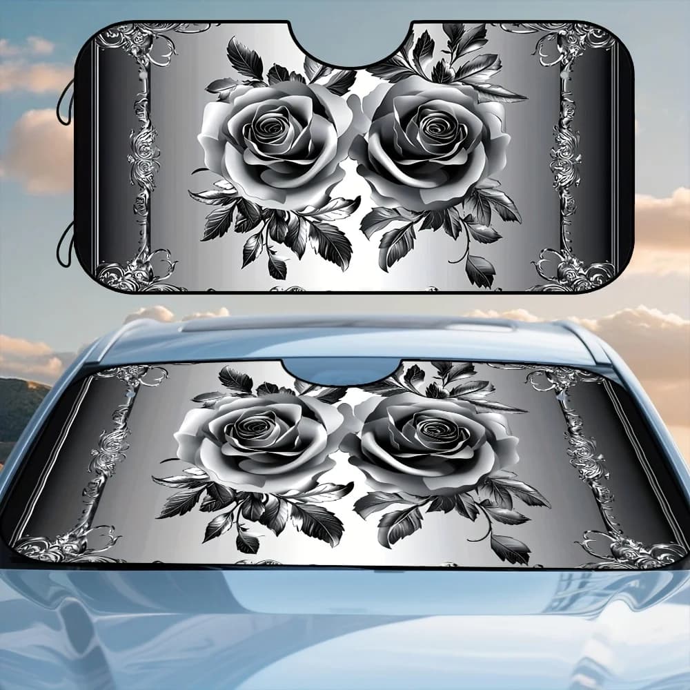 1 pezzo, rose monocromatiche elegante cornice argentata opera d'arte stampa decorativa parabrezza parasole per auto, visiera parasole pieghevole e compatta
