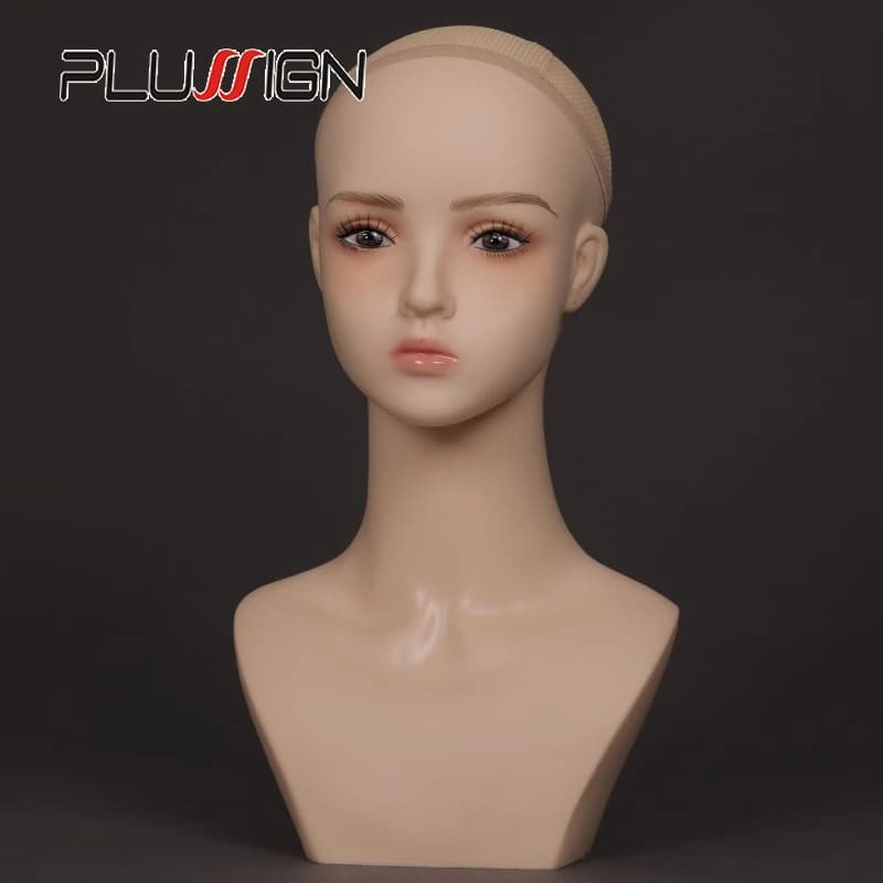 Hairdresser head with realistic bust for wigs, hat, earrings, mannequin head with display for necklace with female fit head for pink lip makeup for wig