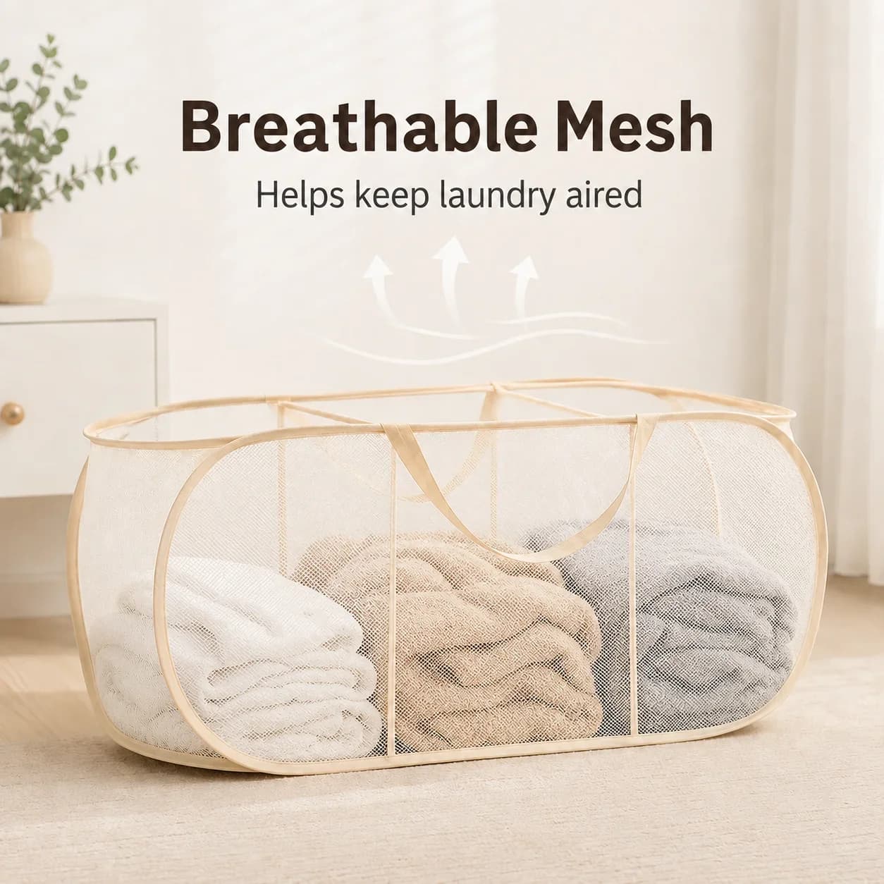 3 Compartment Laundry Basket Mesh Hamper with Handles Open Top Clothes Sorter for Lights Darks Towels Bedroom Bathroom Storage