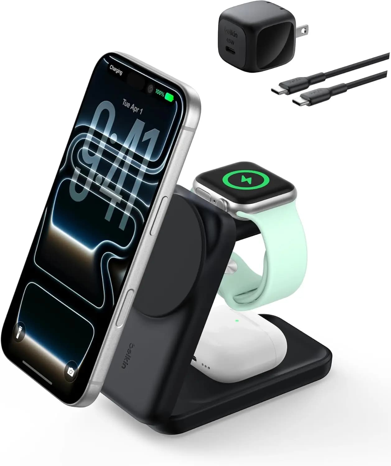 Stazione di Ricarica Wireless Magnetica 3-in-1 25W Qi2 per iPhone, Apple Watch, AirPods, Supporto da Viaggio Pieghevole con Adattatore 45W