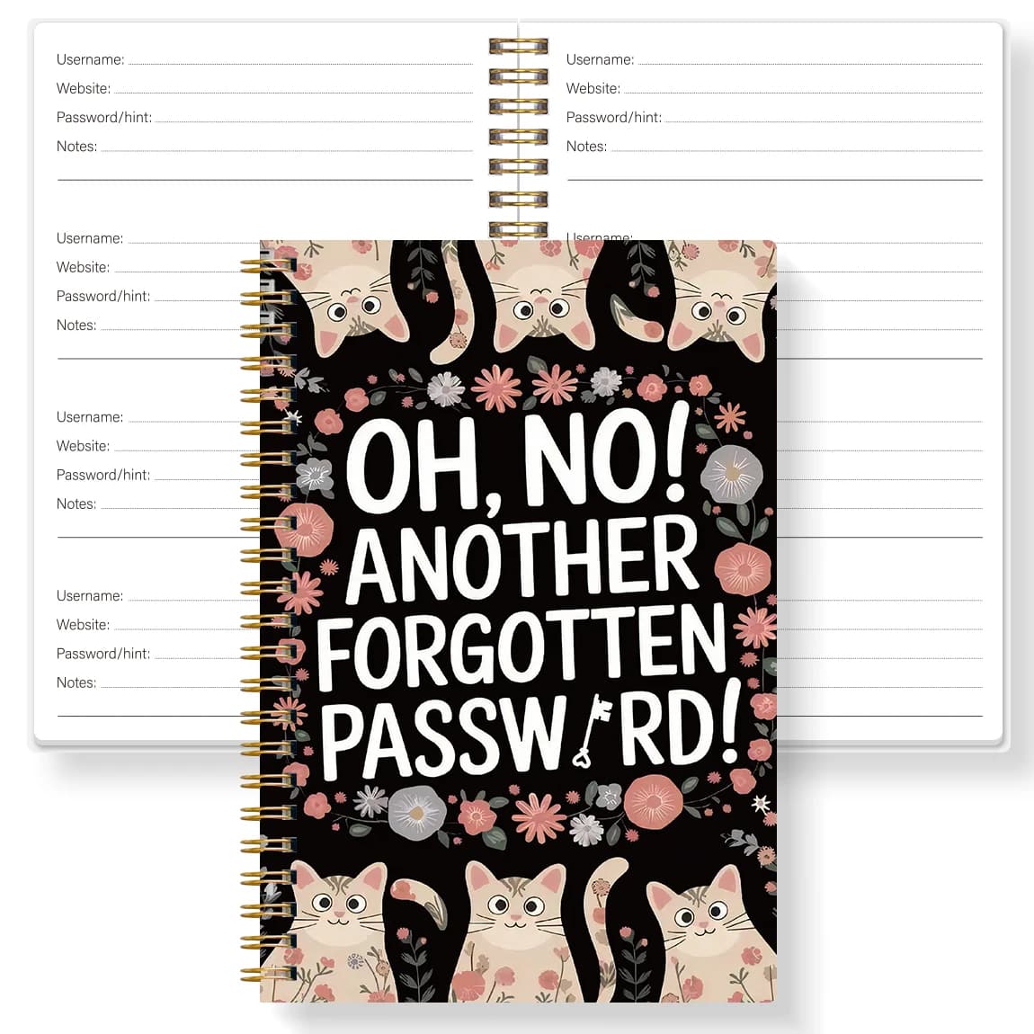 A5 Cute Cat Password Book Spiral Bound Password Organizer with Floral Cover Login & Account Info Notebook