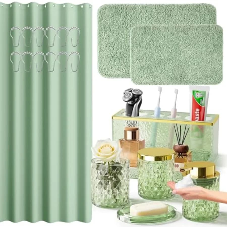 Accessori - Set da 20 Pezzi in Vetro con Tenda Doccia e Tappeti, Dispenser Sapone, Portasapone, Bicchiere, Contenitore per Bastoncini Cotone, Porta Spazzolino, Elegante e Funzionale