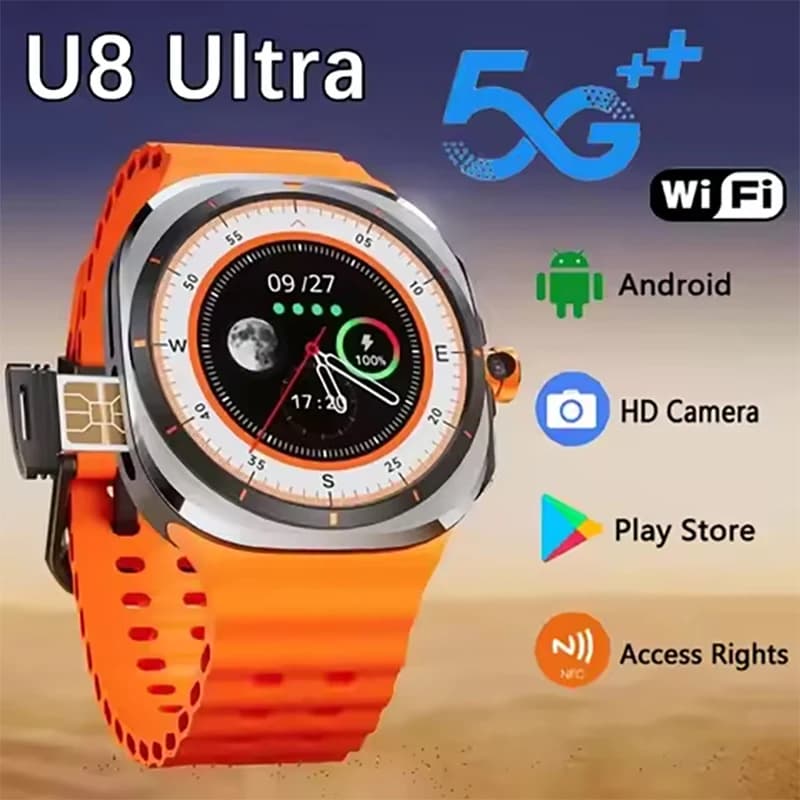 Nuovo Smartwatch U8 Ultra 5G con SIM per Uomo e Donna, Android, Display AMOLED da 1,5 Pollici, WiFi, GPS, Rotante, 3GB di Memoria, 32GB, Fotocamera, Orologio Sportivo Intelligente