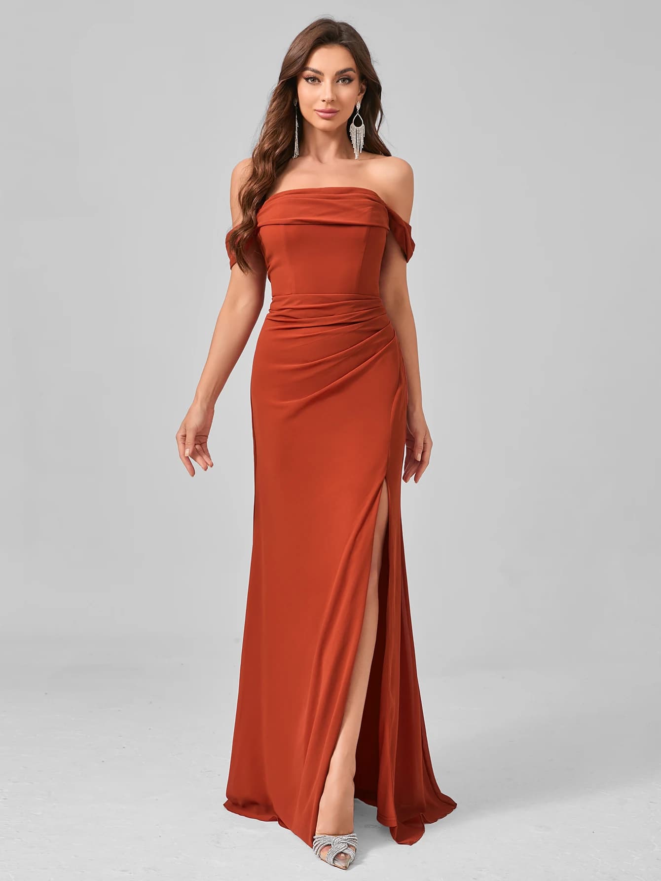 UNITHORSE Elegante Abito Lungo in Chiffon con Spacco Alto e Dettagli Plissettati, Vestito Formale da Sera per Cerimonie, Matrimoni e Feste di Laurea
