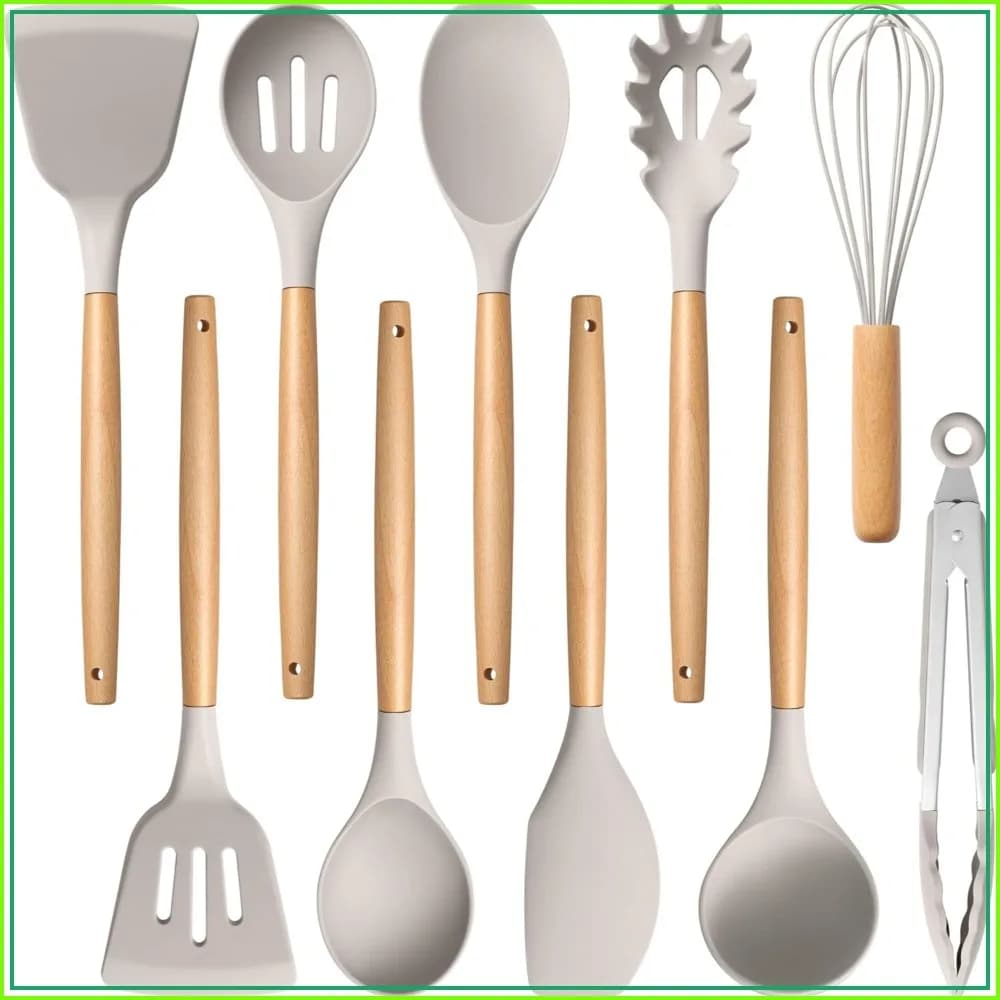 10-Piece Silicone Cooking Utensils Set, Heat Resistant Kitchen Tools with Wooden Handle for Nonstick Cookware, Spatula Whisk Tongs Ladle, Non-toxic & Healthy (Khaki)