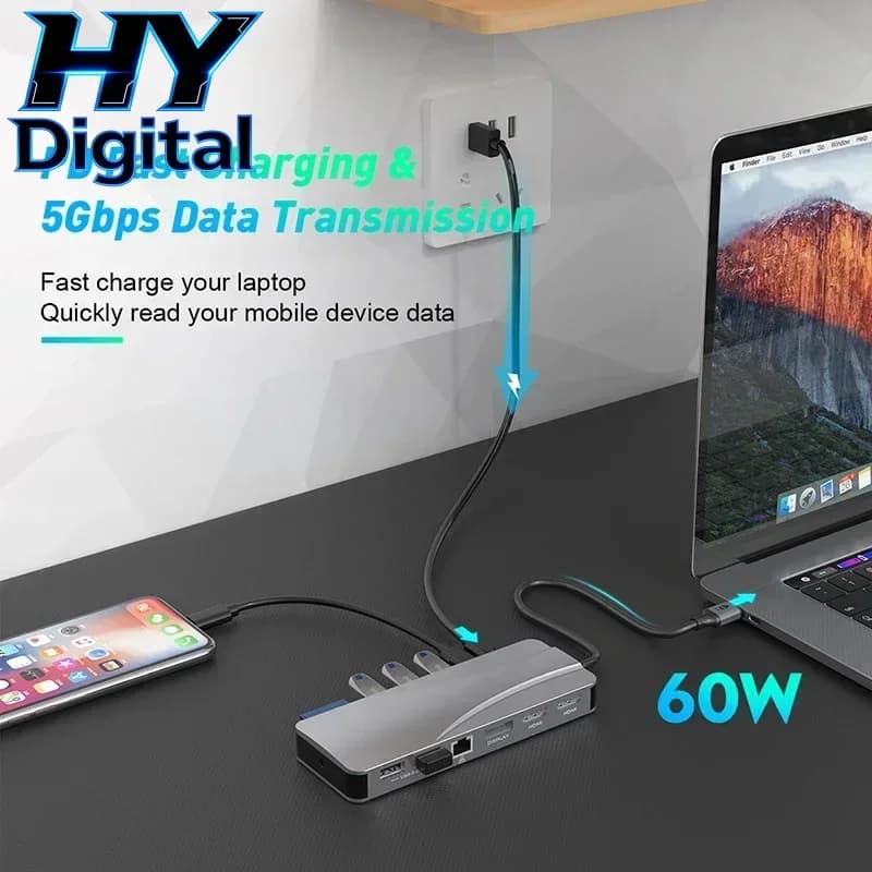 Docking station HY Digital 14 in 1, splitter USB-C Thunderbolt 3/4 con porta HDMI 4K, hub dock per Air Mac, Apple MacBook Pro e laptop.