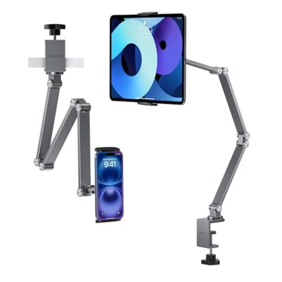 Desk tablet stand for iPad phone Kindle portable monitor up to 15.6; heavy-duty aluminum; matte black; 360 rotating foldable ar