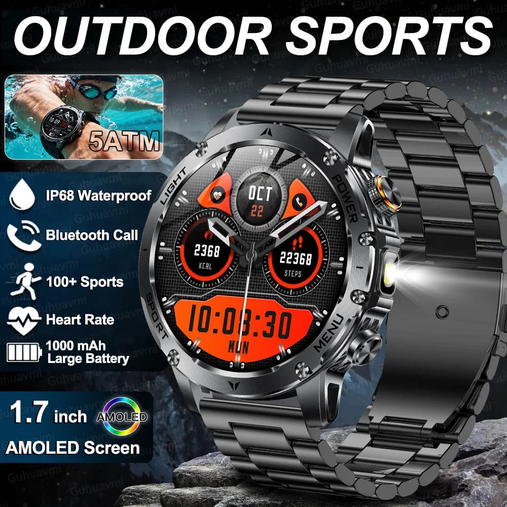 New 1000mah Battery 1.7 "HD AMOLED Sports Screen Watch Smart Men Fitness Flashlight 5ATM GPS Waterproof Smart Watches 2025