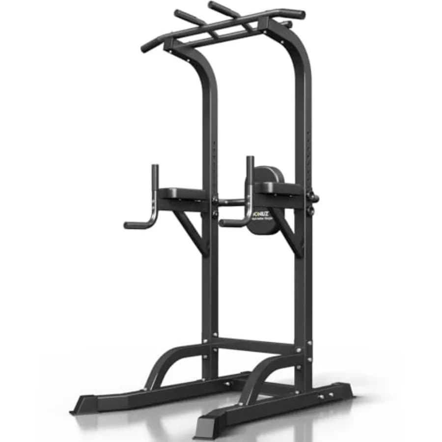 Power Tower Pull Up Bar and Dip Station for home gym use, steel construction, black finish, height adjustable with multi-functi