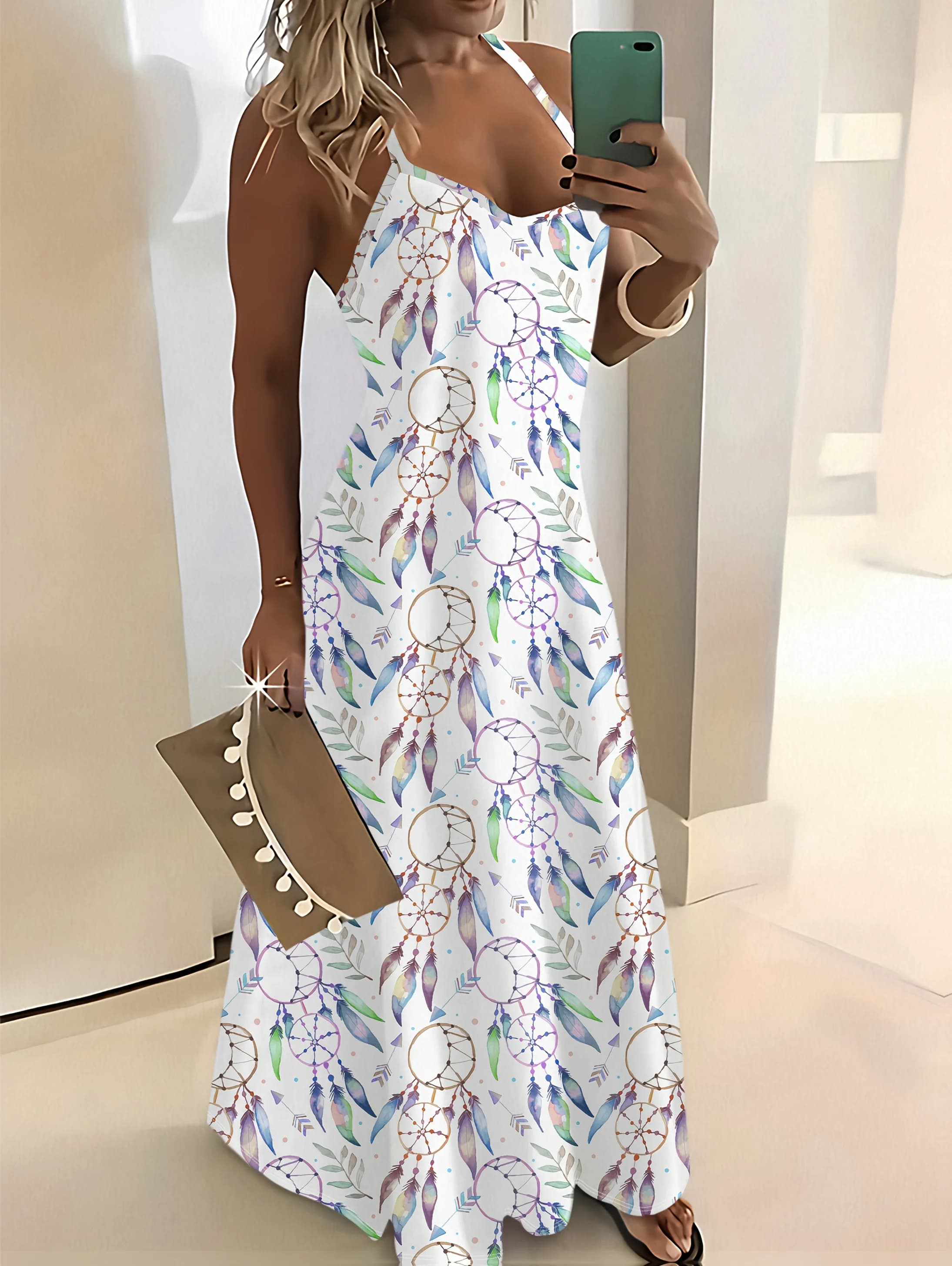 Printed Design Multicolor Purple Green Blue Dreamcatcher Feather Print White Spaghetti Strap Maxi Dress