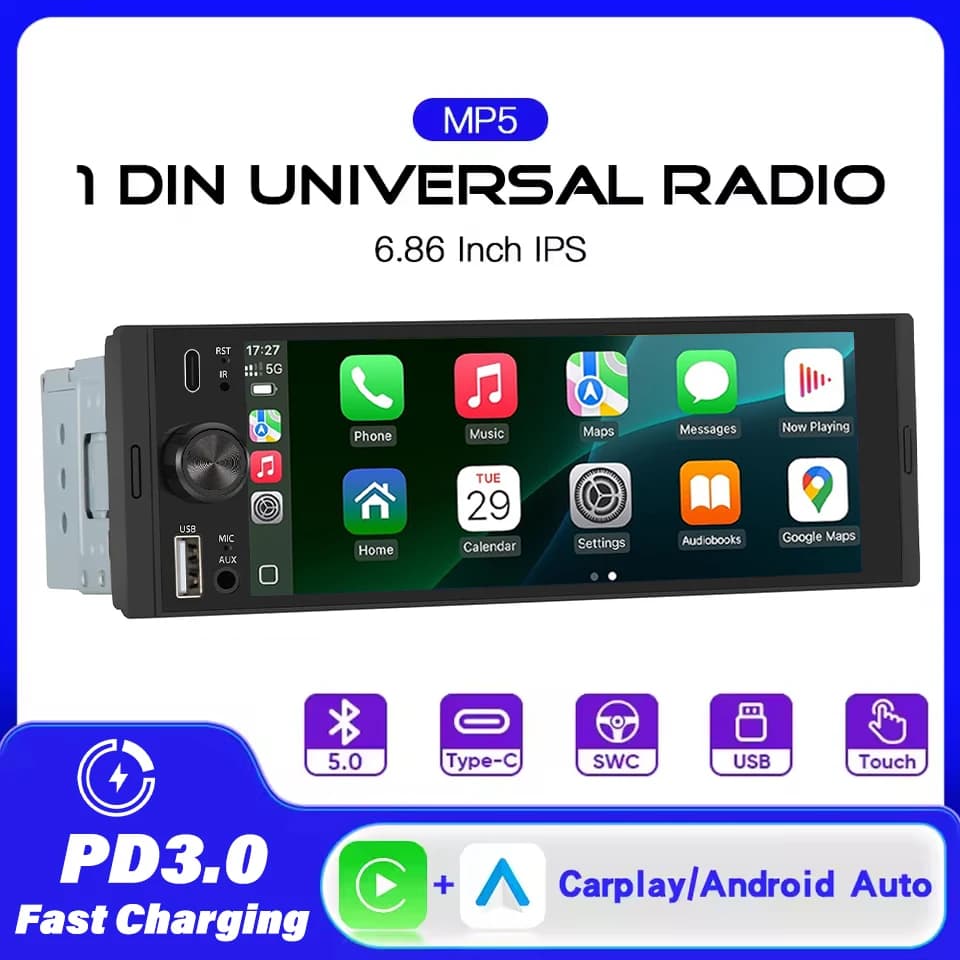 Autoradio Universale 1DIN 6.86 Pollici con Supporto Carplay Wireless, Android AUTO, AUX, USB, BT, Schermo Touch, Lettore Multimediale Video