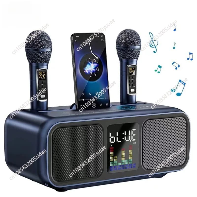 2-in-1 Karaoke Player with Bluetooth Speaker & Wireless Microphones, Home Karaoke Machine with Phone Holder for Family Singing