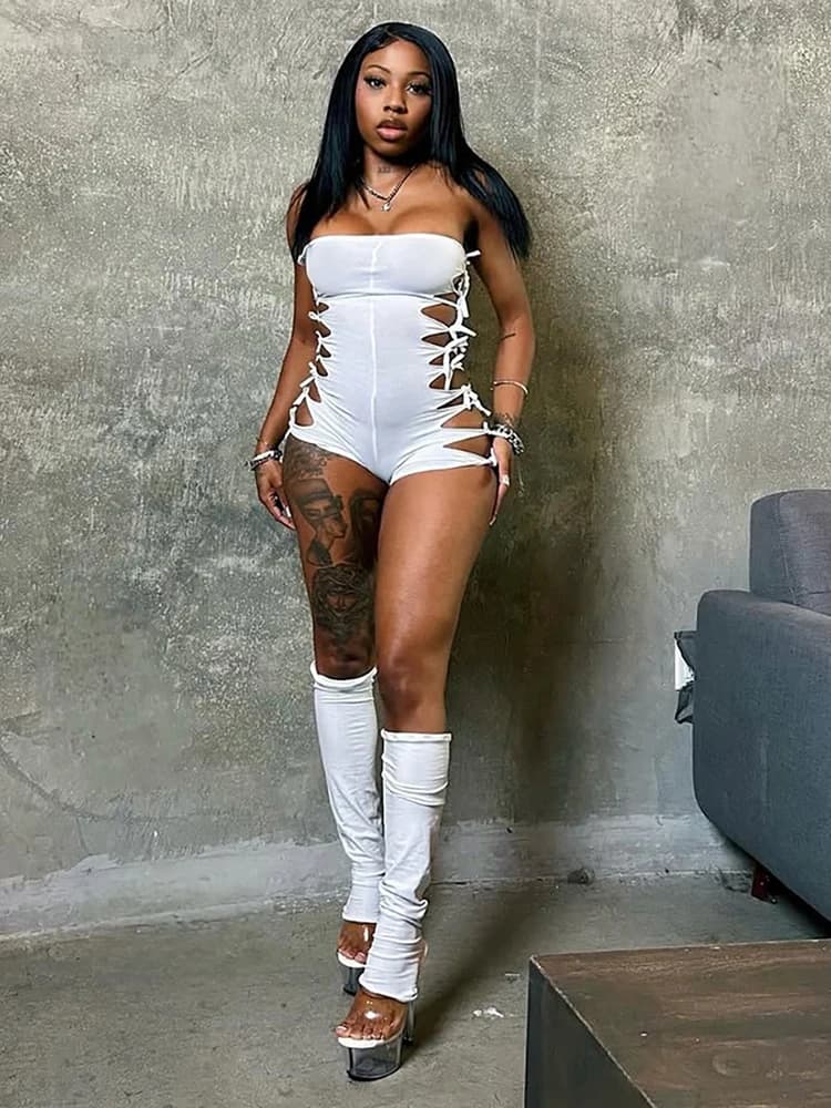 Completo sexy Nibber a 2 pezzi da donna: playsuit scollato senza maniche con nappe e bendaggi + gambaletto semplice per il tempo libero notturno