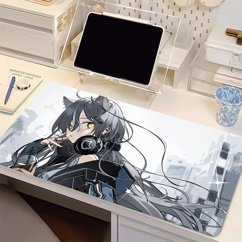 Tappetino per Mouse Formato Computer, Antiscivolo, per Gamer, Tastiera, in Gomma, Design Carino con Orecchie di Gatto, Ragazza Anime, Tappetino da Scrivania HD