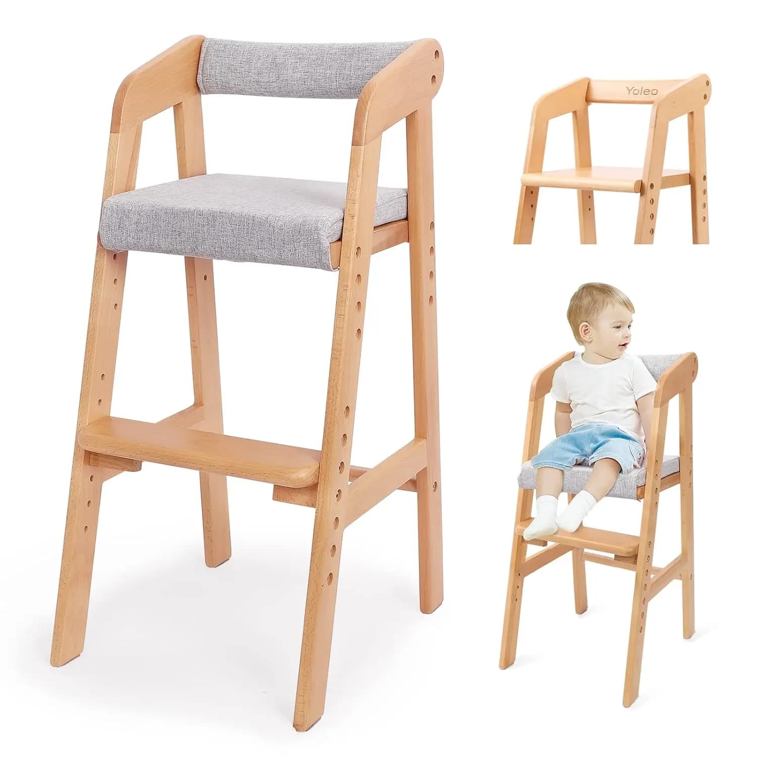 Seggiolone in Legno per Bambini, Sedia da Pasto Regolabile con Cuscino Rimovibile, Adattabile al Bambino per Mangiare, Studiare, Utilizzo come Sgabello (Naturale)