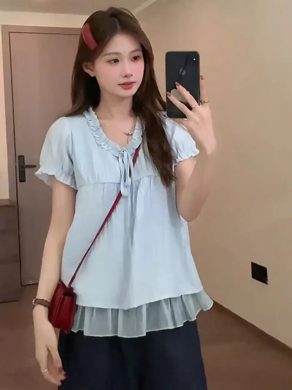 plus Size Women's Sweet Korean Style Short Sleeve Shirt Lace Splice V-Neck Breathable Polyester Summer Top with Wood Grain