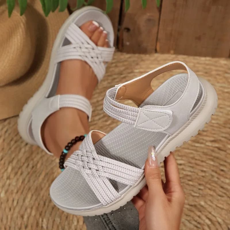 Women's Fish Mouth Open Toe Hollow Out Breathable Comfortable Solid Color Sandals Summer Women Velcro Weaving Style Sandals New