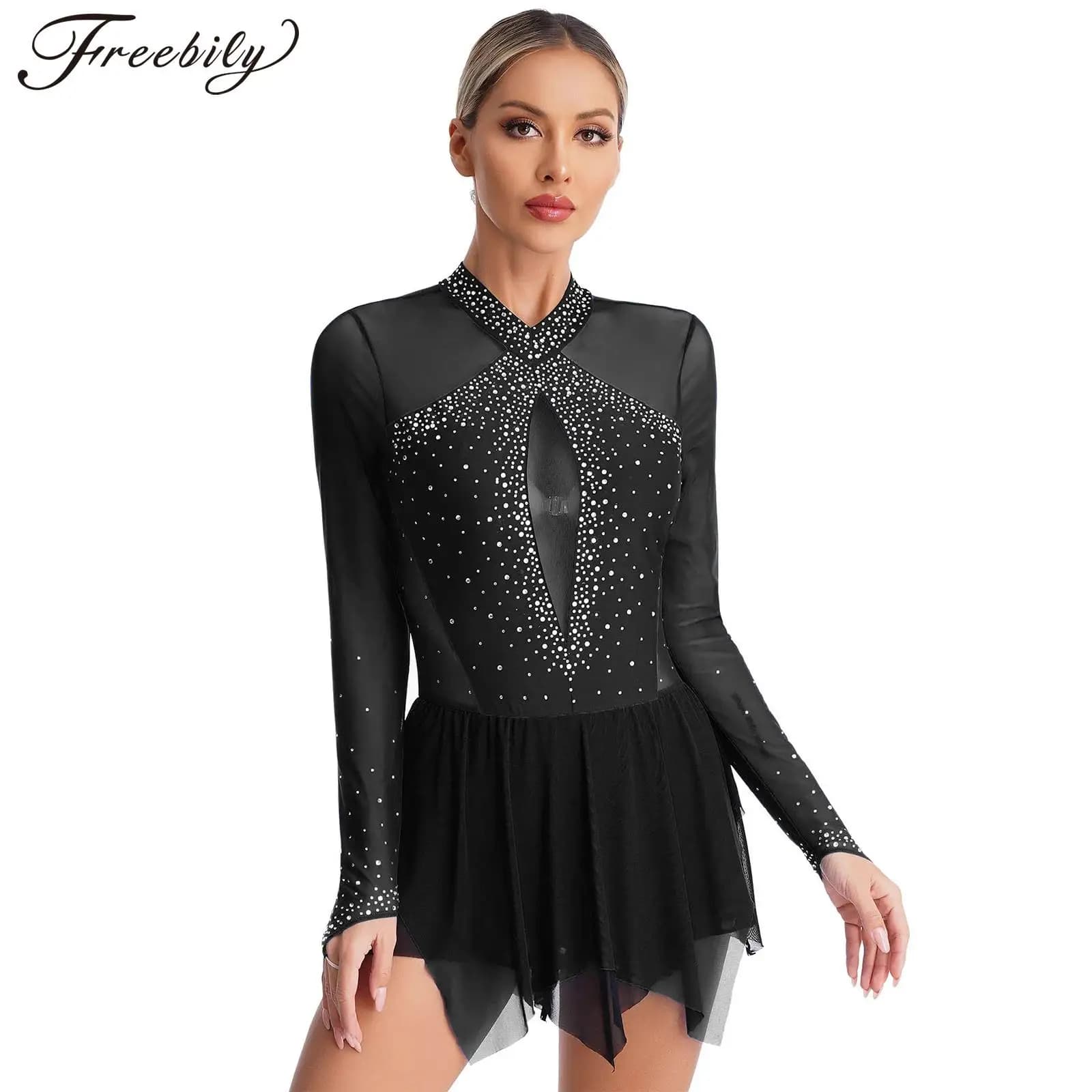 Abito da Pattinaggio Artistico per Donne, Costume da Competizione, Vestito con Strass Luccicanti, Leotard con Gonna per Balletto