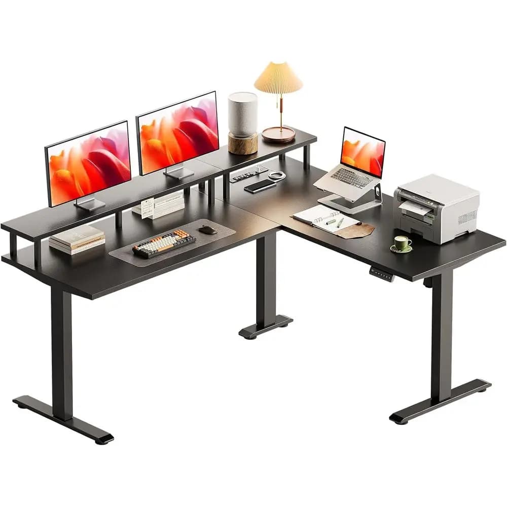 59 Electric L-Shaped Desk, Height-Adjustable with Monitor Stand, Power Outlets, Large Sit-Stand Workstation, Home/Office Use, Bl