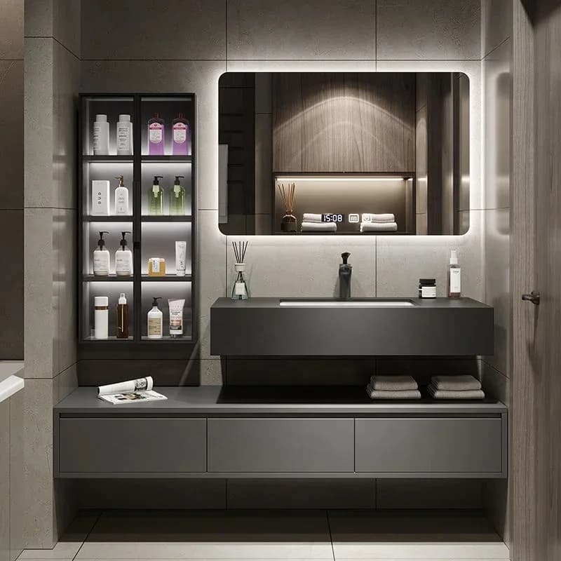 Mobile Bagno Smart con Specchio Retroilluminato in PVC, Doppio Lavabo da 72 Pollici
