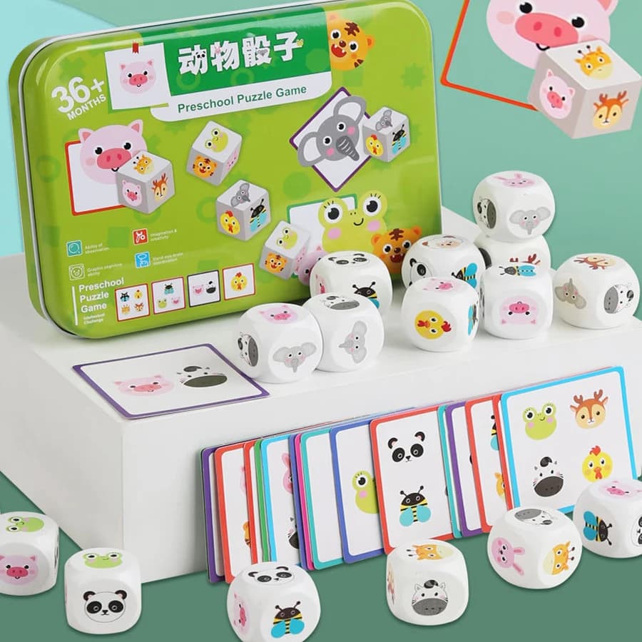 Gioco di Carte con Animali, Puzzle in Legno con Dadi, Giocattoli Montessori per Bambini e Prescolare, Gioco da Viaggio
