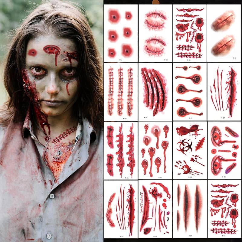 30Pcs Halloween Zombie Vampire Tattoo Stickers Realistic Fake Bloody Wound Scary Temporary Tattoo for Halloween Party Decoration