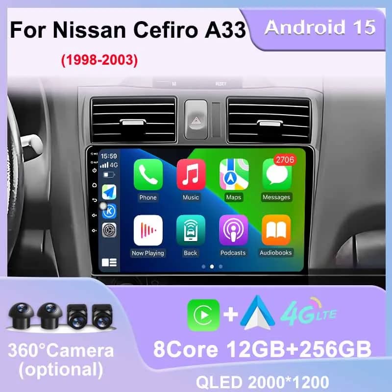 Autoradio Audio WIFI Multimedia player for Nissan Cefiro A33 1998 - 2003 Wireless Carplay GPS Navigation DSP Stereo Screen Divided