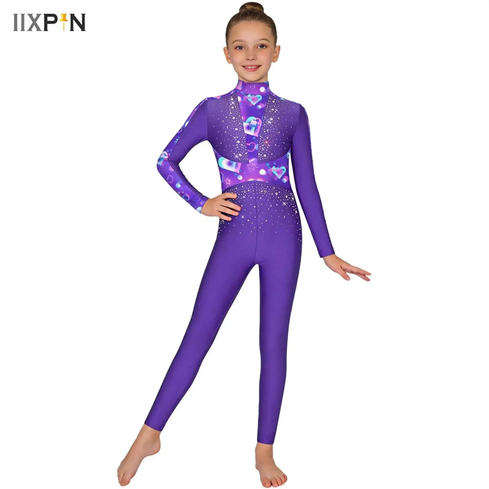 Body da Ginnastica Ritmica per Ragazze con Paillettes Lucide e Strass, Manica Lunga, per Danza e Pattinaggio Artistico