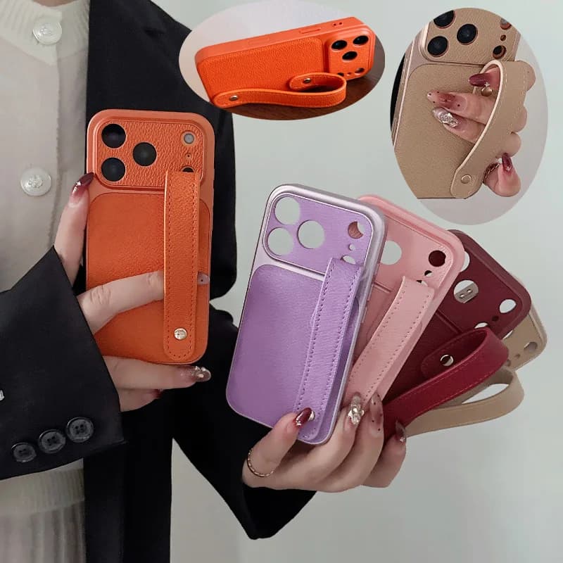 Custodia per telefono con supporto e cinturino in pelle sintetica, con cornice in TPU morbido opaco, per iPhone 17 Pro Max 15 13 14 16 Pro Max, cover posteriore antiurto
