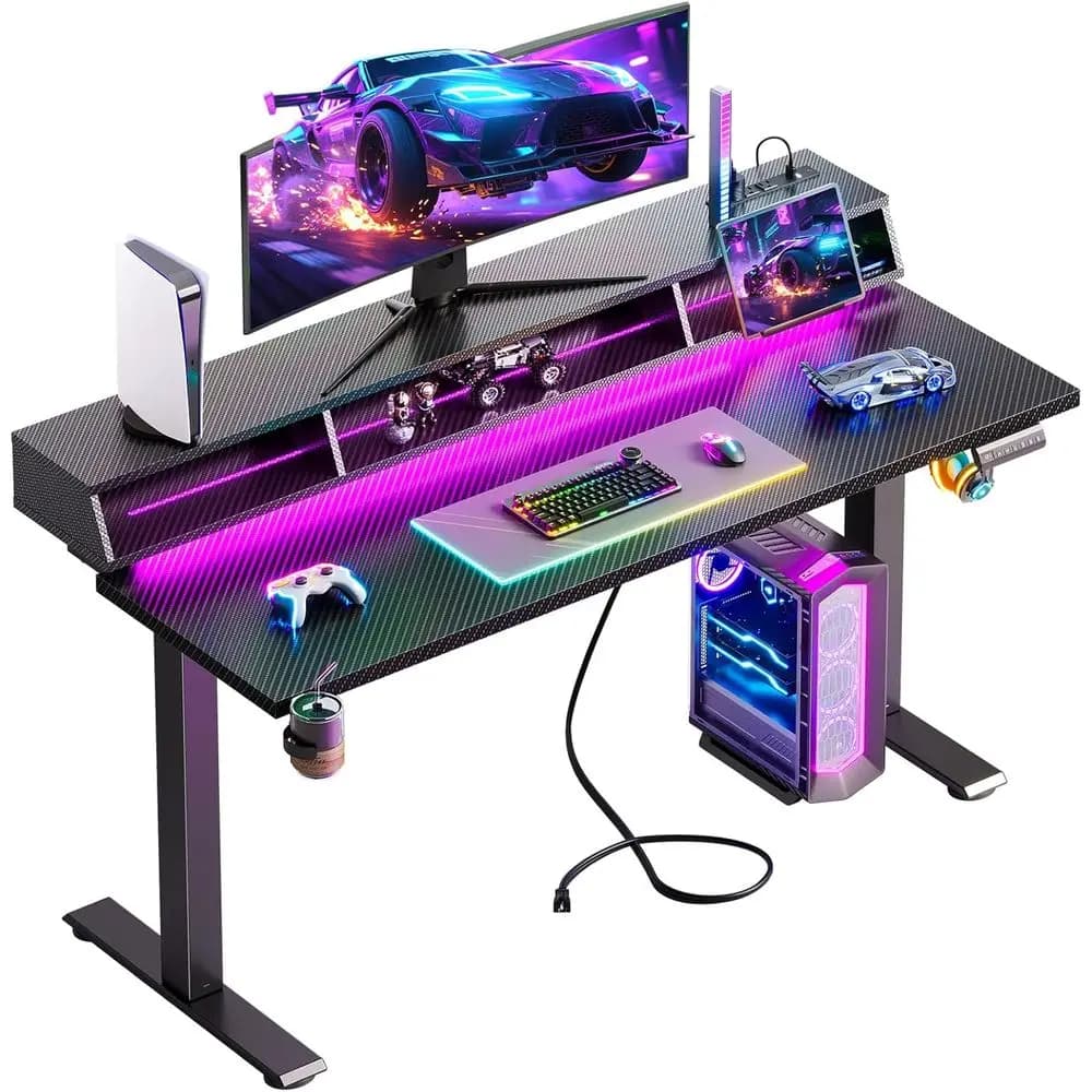 Scrivania da Gaming Elettrica Regolabile in Altezza 55 con Luce LED, Presa di Corrente e Supporto Monitor, Nera