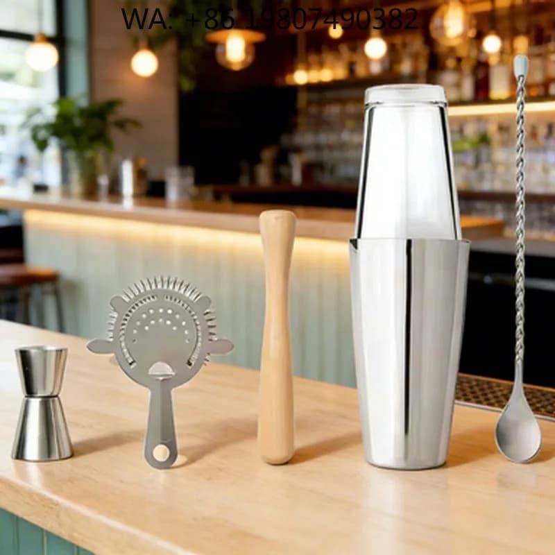 6Pcs Minimalist Eco Friendly Cocktail Shaker Set 800ml&400ml Stainless Steel Boston Shaker Wooden Stand For Small Apartment Bar