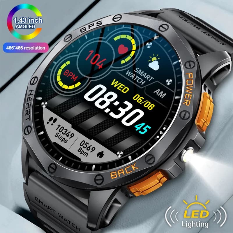 Smartwatch LIGE con GPS e Bussola, Schermo AMOLED da 1,43 Pollici, Torcia LED, Monitoraggio della Salute, Orologio Intelligente per Sport all'Aperto da Uomo