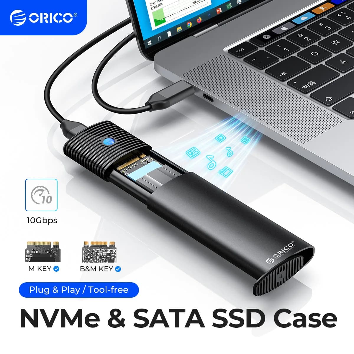 ORICO M2 SSD Enclosure NVMe NGFF 10Gbps PCIe M.2 SSD Case Adattatore Esterno Portatile USB C 3.2Gen2 Senza Attrezzi con Dissipatore di Calore in Metallo