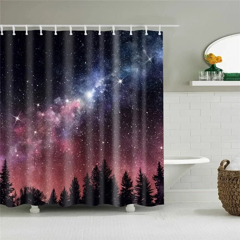 Tenda da doccia sfumata con cielo notturno, cielo stellato fantasy, galassia, foresta, tessuto a tema nero, viola, set di decorazioni per il bagno