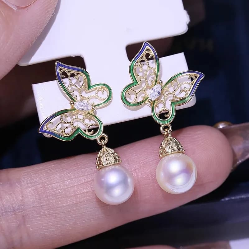 MeiBaPJ 10-11mm natural round pearl earrings fashion butterfly pendant 925 silver wedding jewelry for women