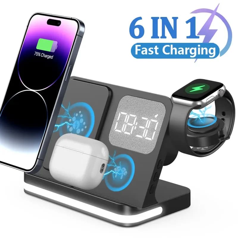 6 in 1 LED Fast Wireless Charger Support Charging Station Alarm Clock for iPhone 15 14 13 12 11 Apple Watch 2-9 Series Airpods Pro