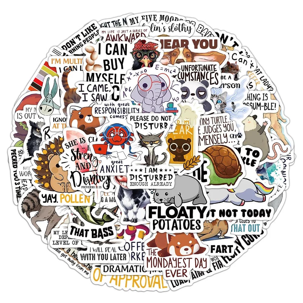 50 funny stickers with animal theme quotes to decorate suitcases, laptops, phone cases and cartoon themed stationery items.